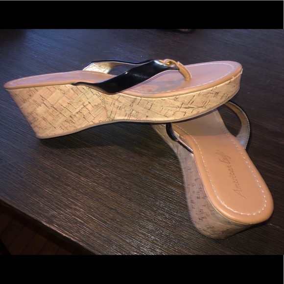 American Eagle By Payless Shoes - Black strapped thong wedges